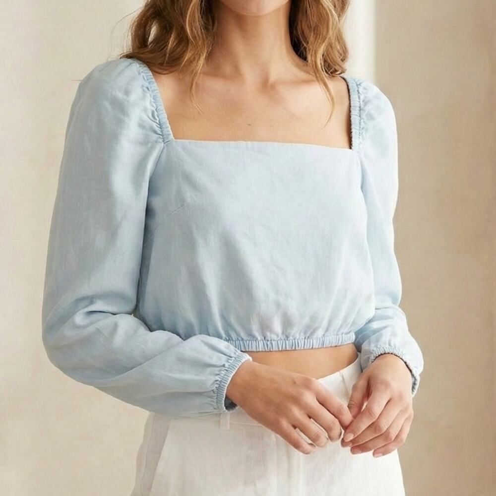 Cloth & Stone Small Blue Chambray Top Square Neck Puff Shoulder